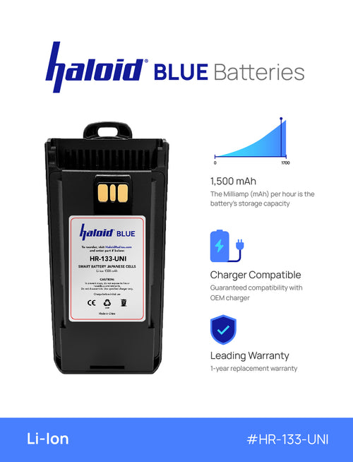 Haloid BLUE HR-133-UNI Lithium Battery 133 for EVX261 EVX530 EVX534 EVX539 VX260 VX261 VX264 VX450 VX459 - HaloidRadios.com