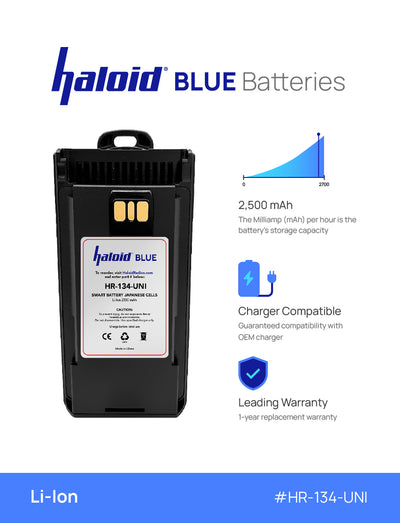 Haloid BLUE HR-134-UNI Lithium Battery 134 for EVX261 EVX530 EVX534 EVX539 VX260 VX261 VX264 VX450 VX459 - HaloidRadios.com