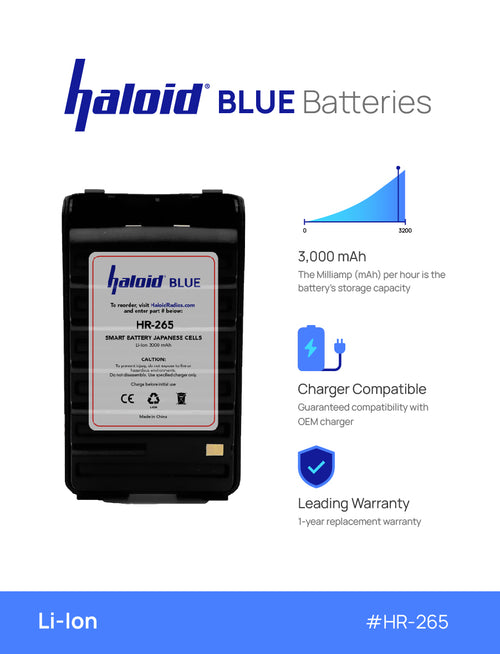 Haloid BLUE HR-265 Lithium Battery 265 for IC-F3001 IC-F4001 IC-T70A - HaloidRadios.com